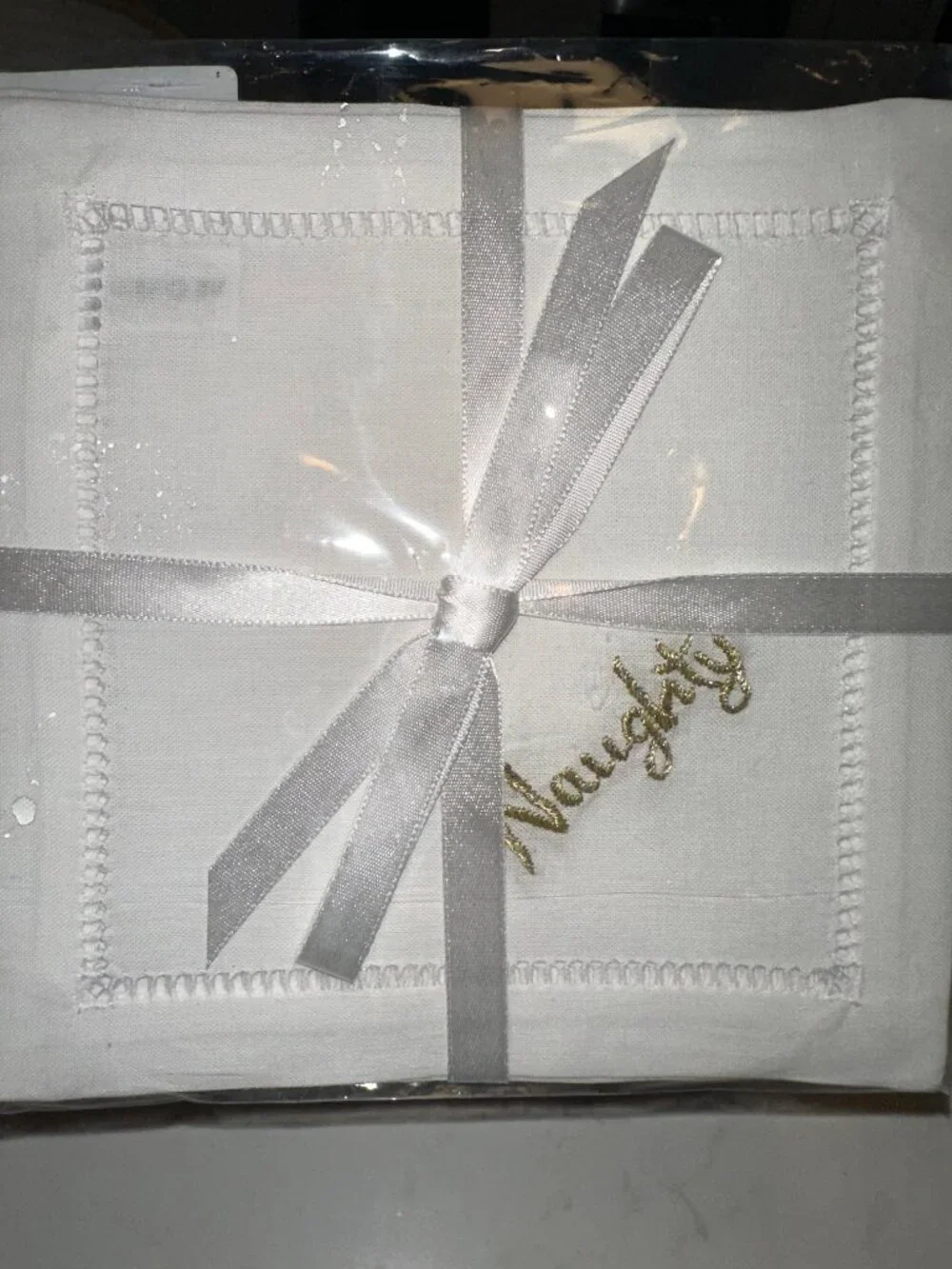 NWT Naughty & Nice Set of Four Linen 100% Cotton Cocktail Napkins Hemstitch 6x6